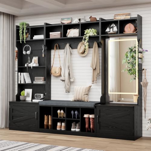 86.6" Extra Large Farmhouse Hall Tree with LED Mirror and Shoe Storage