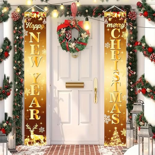 Merry Christmas & Happy New Year Porch Banner Set 12x71 Inch Gold Snowflakes Reindeer Holiday Home Decor