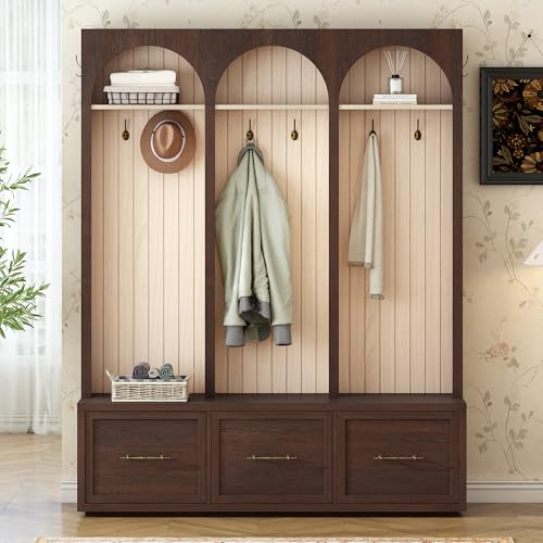 Farmhouse Hall Tree with Shoe Bench, 3 Drawers and 8 Coat Hooks, Walnut