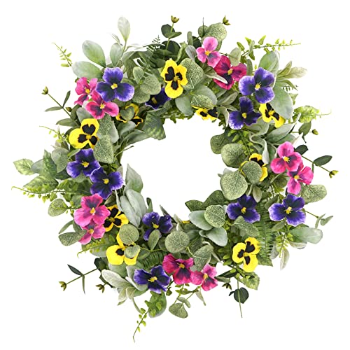 20-Inch Artificial Pansy Wreath with Lambs Ear and Eucalyptus for Front Door