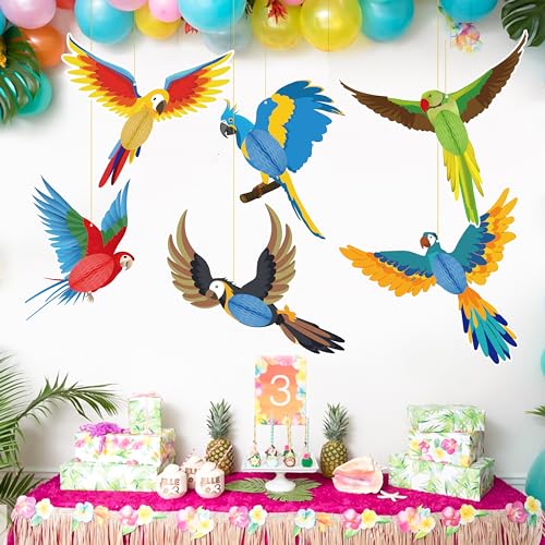 6-Piece Tropical Bird Honeycomb Hanging Decorations for Luau Party