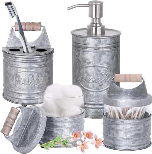4-Piece Rustic Farmhouse Bathroom Accessory Set, Galvanized Metal & Glass