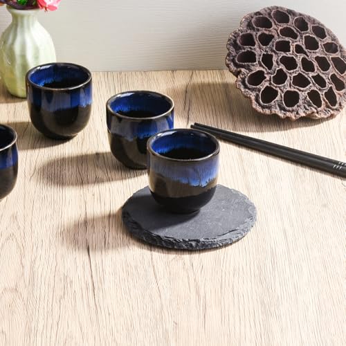 Cerficer Japanese Ceramic Sake Cup Set of 4 - Small Blue & Black 2.04'' Drinking Cups, Traditional Asian Design, Handcrafted for Sipping & Sharing
