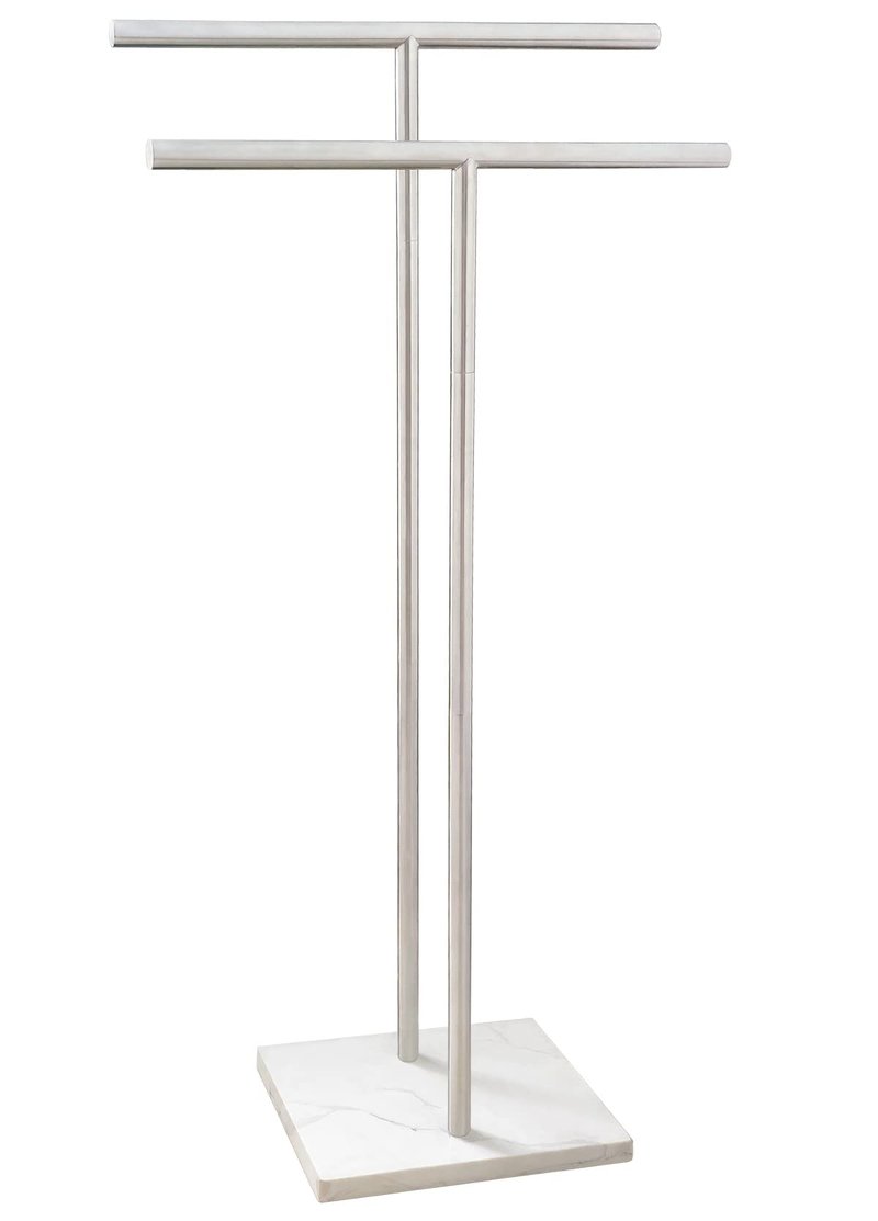 40 Inch Standing Towel Rack Double-T Shape Tall Bath Towel Sheet Holder with Marble Design Base for Bathroom Floor Next to Tub or Shower 2 Tier Towel Holder Stand Stainless Steel Brushed Nickel