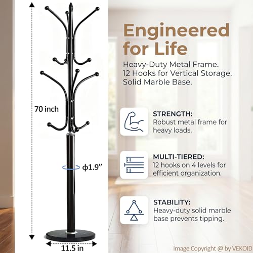 Freestanding Metal Coat Rack with Marble Base - 12 Hooks, Black