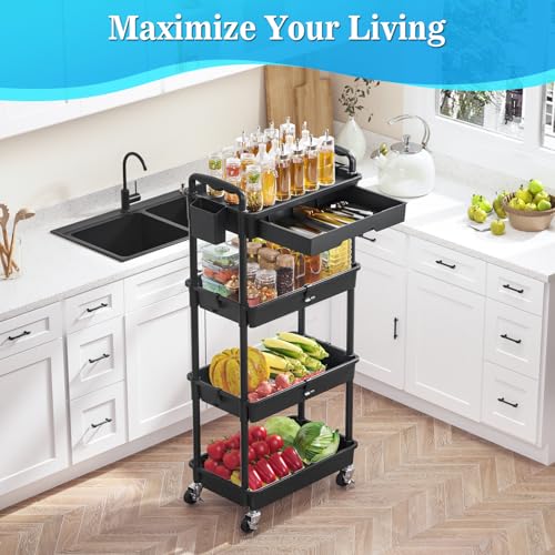 4-Tier Rolling Utility Cart with Drawer, Hooks & Lockable Wheels