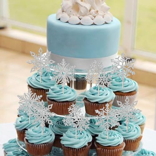 Rsstarxi 36 Pack Snowflake Cupcake Toppers – Silver Glitter Snowflake Picks for Christmas & Winter Parties (Design 6)