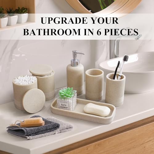 6-Piece Resin Bathroom Accessory Set, Stone Texture Organizer, Beige