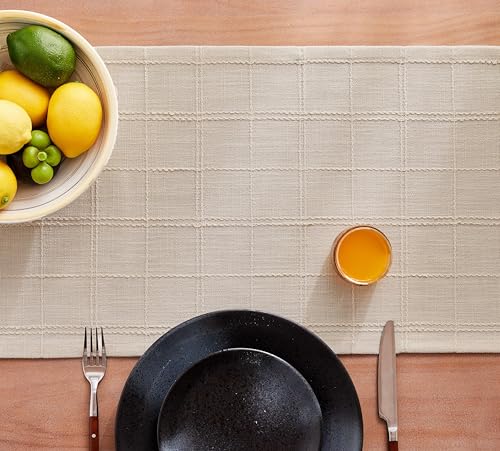 Linen Blend Checked Table Runner, 13x72 Inches Neutral Beige Farmhouse Decor