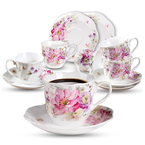 Pink GuangYang 2.8oz Mini Espresso Cups & Saucers Set of 6, Tiny Porcelain Coffee Set