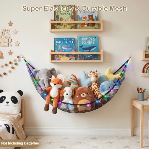 Stuffed Animal Hammock with LED Lights - Corner Toy Storage Organizer