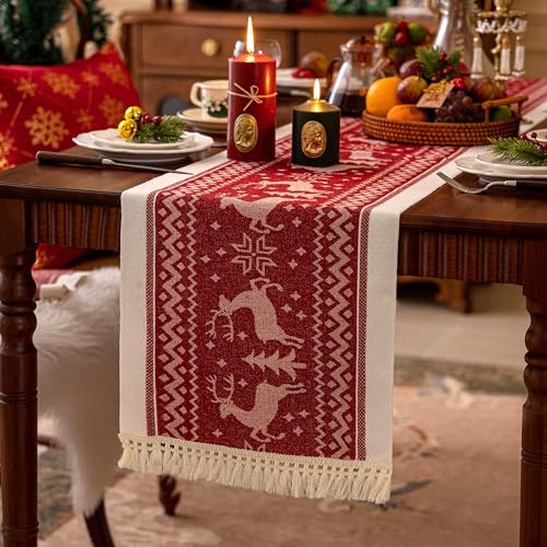 UWWGKK Red 14x63 Inch Elk Table Runner with Tassel Fringe for Christmas & Holiday Decor