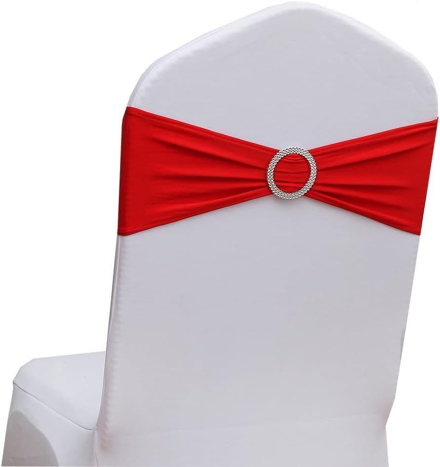 Red Chair Sashes 50 Pack | Spandex Chair Bands for Wedding & Party Decor - Elegant Red