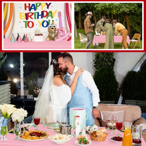 Pink Plastic Tablecloth Roll 54x200 Feet, Disposable Party Cover with Cutter