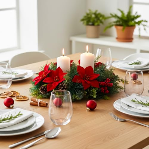 Kathfly 20" Poinsettia Centerpiece with 2 Candle Holders - Thick Red Poinsettia, Pine Cones & Berries (Variation: Thick / Poinsettia)