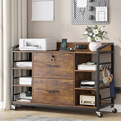 44-Inch Rolling File Cabinet with Lock, Power Strip, and Storage Shelves
