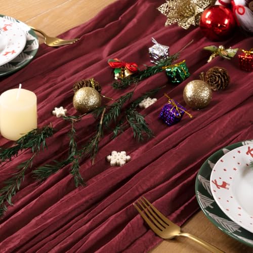 DeZerlor Burgundy Cheesecloth Table Runners 2 Pack - Rustic Boho Party Decor