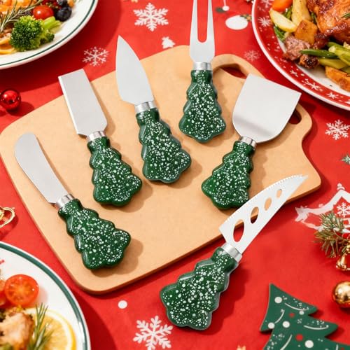 Guojanfon 6-Piece Christmas Tree Cheese Knife Set with Snowflake Handles - Holiday Charcuterie Accessories