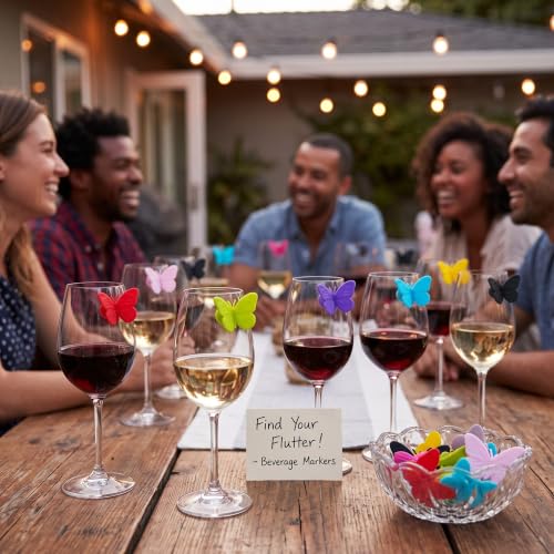Outus Butterfly Wine Glass Markers Set – 20 Silicone Drink Charms with Suction Cups for Parties