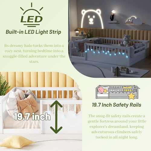 Full Size Montessori Floor Bed with High Rails, LED Lights & Storage Shelf
