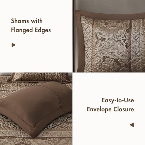 Madison Park King Bedspread Set - 5-Piece Brown Jacquard Damask Quilt