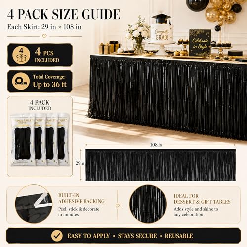 4-Pack Black Foil Fringe Table Skirt, Metallic Tinsel Party Decorations