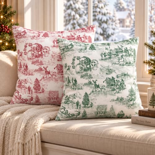 LOHDALOLF Christmas Toile Throw Pillow Covers 18x18 Inches Set of 2 - Holiday Decor