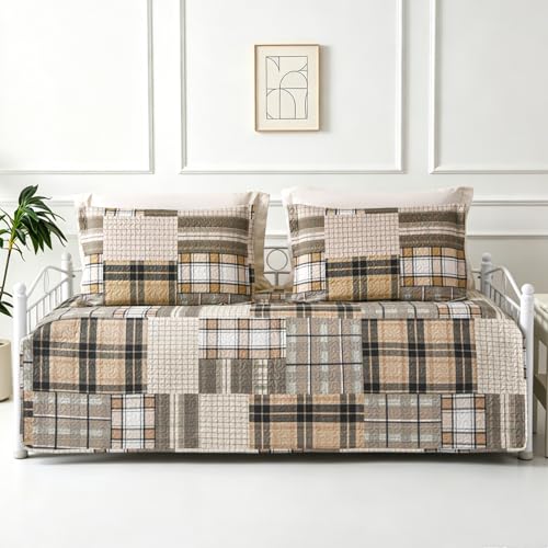 3-Piece Plaid Daybed Cover Set - Twin Quilted Bedspread with Pillow Shams