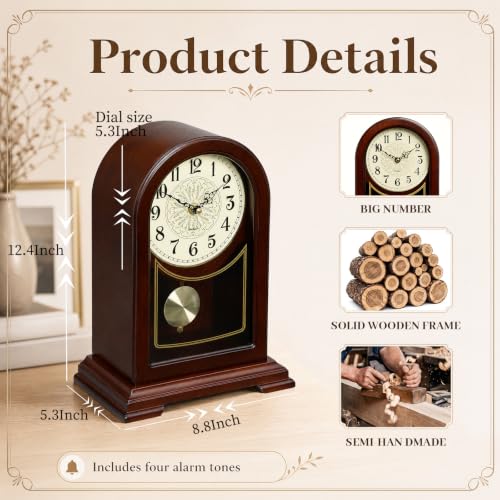 Tondiamo Wooden Mantel Clock with Chime & Silent Quartz Movement