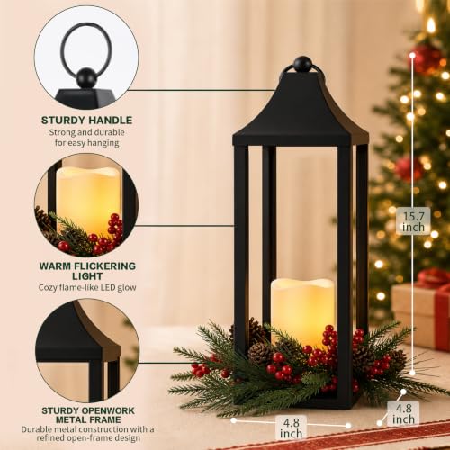 Bdor Black Metal Christmas Lantern with Flameless LED Candle – Variation Christmas D