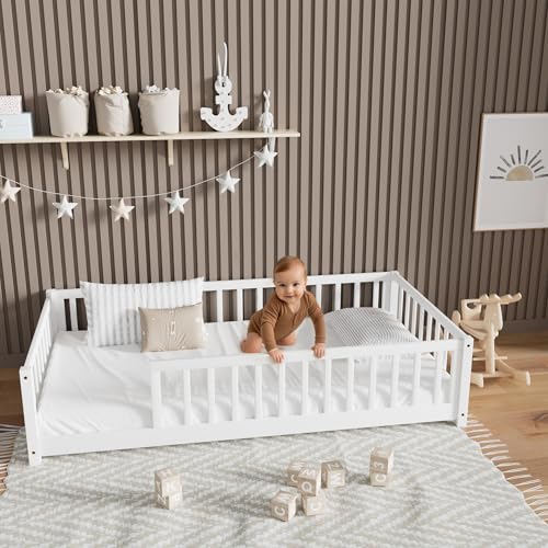 Twin Size Montessori Floor Bed with Safety Guardrails, Solid Wood Frame