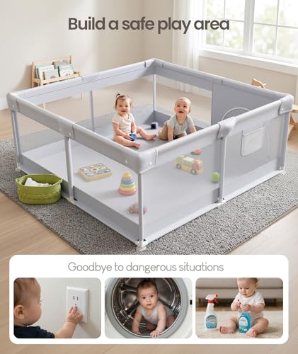 Baby Playpen 47x47in with Door and Breathable Mesh for Infants