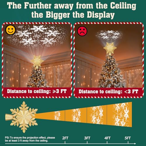 PliMook Lighted Snowflake Christmas Tree Topper with 6 Projection Slides, Rotating LED 3D Decor