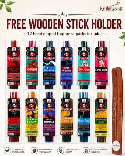 144 Hand-Dipped Incense Sticks with Wooden Holder - 12 Assorted Scents