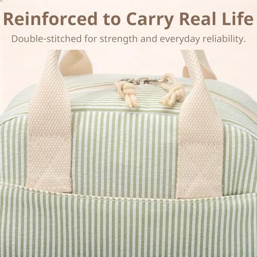 Insulated Lunch Tote Bag, Green Stripe Lunch Box for Office and Travel