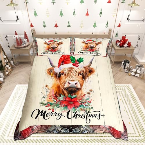 Castle Fairy Highland Cattle Bedding Set Queen Brown Beige – Duvet Cover 90x90 with Pillowcases, Zipper & Ties