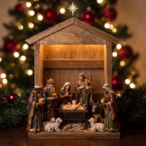 Wesiti Lighted Wooden Nativity Manger with Roof Star - Christmas Scene Decor