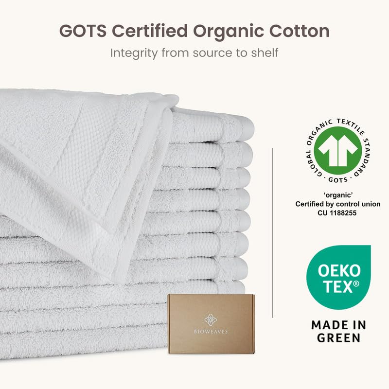 100% Organic Cotton Washcloths, 700 GSM Plush & Absorbent, 13" x 13", 12-Pack