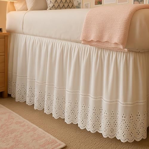 Twin XL Bed Skirt with 46 Inch Drop - White Ruffled Embroidered Microfiber