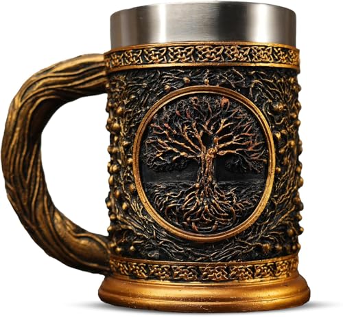 20oz Viking Tree of Life Beer Tankard, Stainless Steel Norse Mug