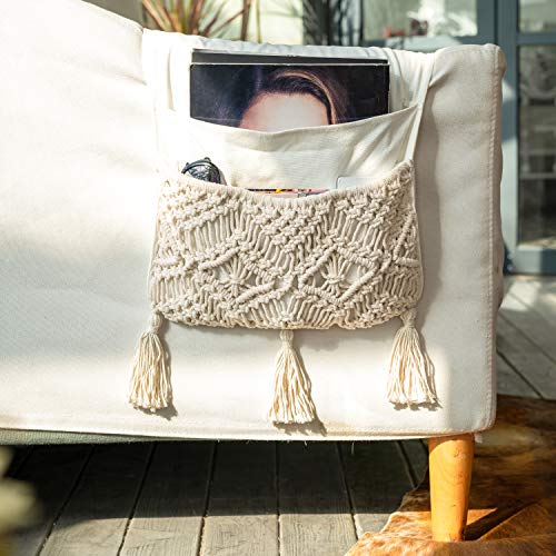 Macrame Armchair Caddy, Boho Couch Armrest Organizer with 4 Pockets