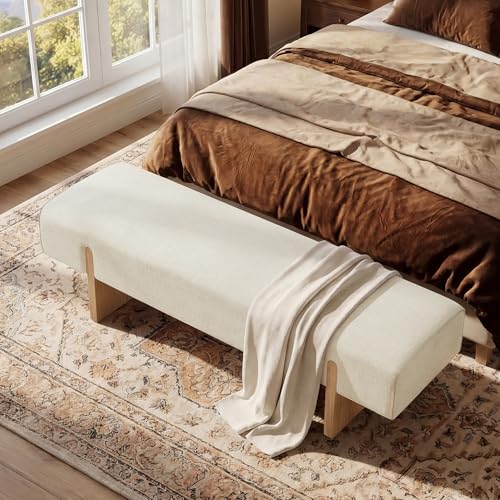 55-Inch Upholstered Bench with Solid Wood Legs, Beige Linen Bedroom Bench