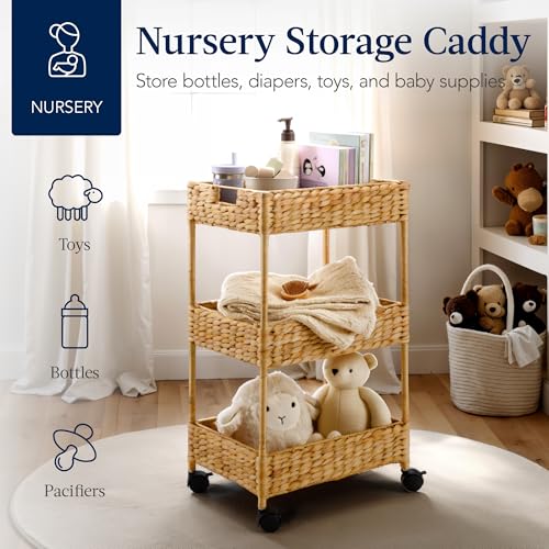 3-Tier Water Hyacinth Rolling Utility Cart - Woven Storage Caddy with Wheels