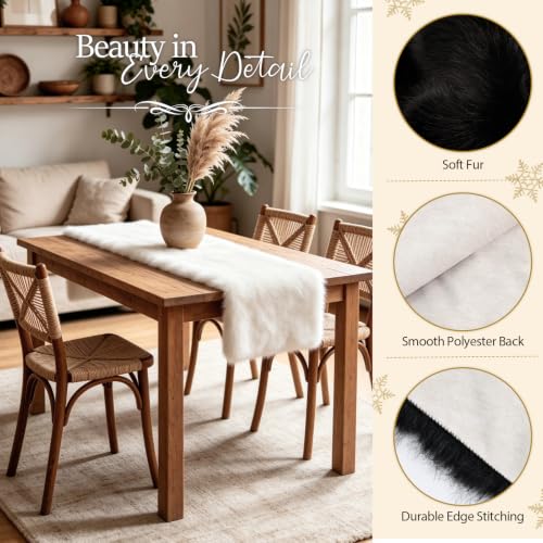 MAOFENG Faux Fur Table Runner 59.1in White Luxury Christmas Home Decor