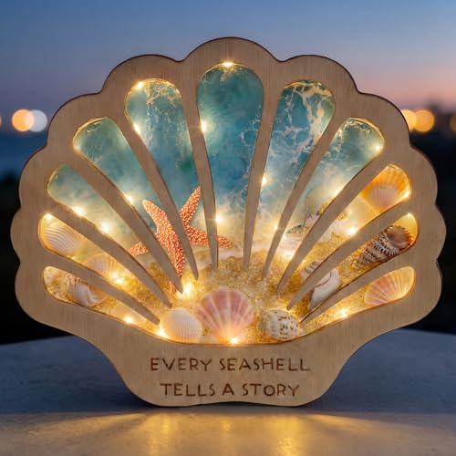 Seashell Display Case with Lights, Wooden Shadow Box for Beach Treasures