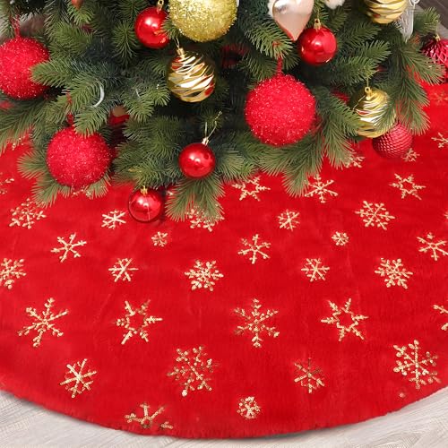 48in Red Faux Fur Christmas Tree Skirt with Gold Sequin Snowflakes