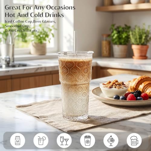 20 oz Begonia Flower Glass Tumbler Set with Lids and Straws - 6 Pack