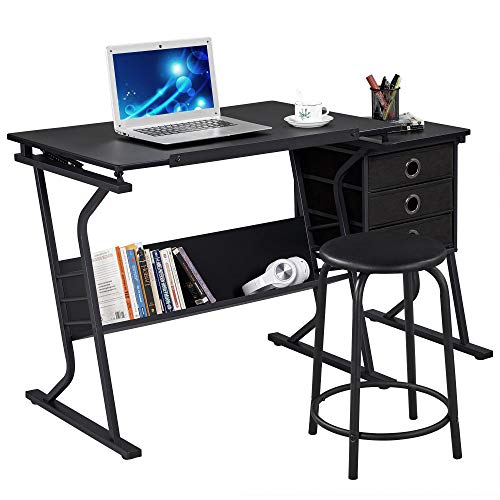 Adjustable Drafting Table with Stool, 3 Drawers and Storage Shelf, Black