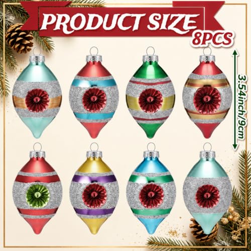 Soulchen Multi-Color Retro Christmas Glass Finial Ornaments Set of 8 with Reflectors