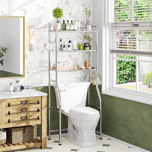 3-Tier Over-the-Toilet Storage Rack with Paper Holder and Hooks, Chrome
